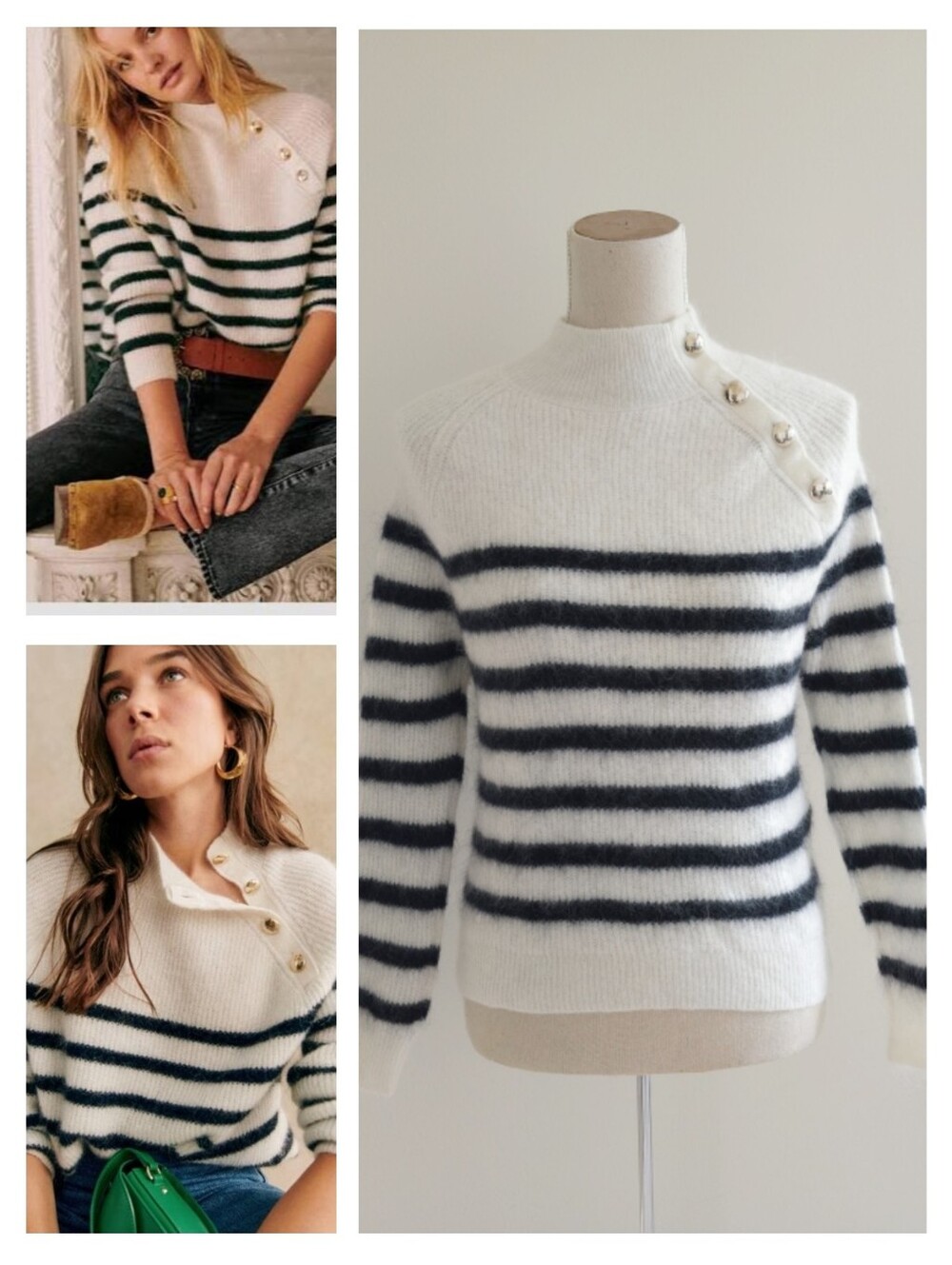 Sezane Wool Blend Striped Button-Shoulder Trudy Jumper Sweater